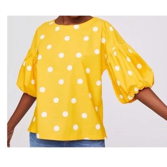 LOFT Tops - LOFT Yellow White Polka Dot Short Puff Sleeve Blouse Women's Size Large